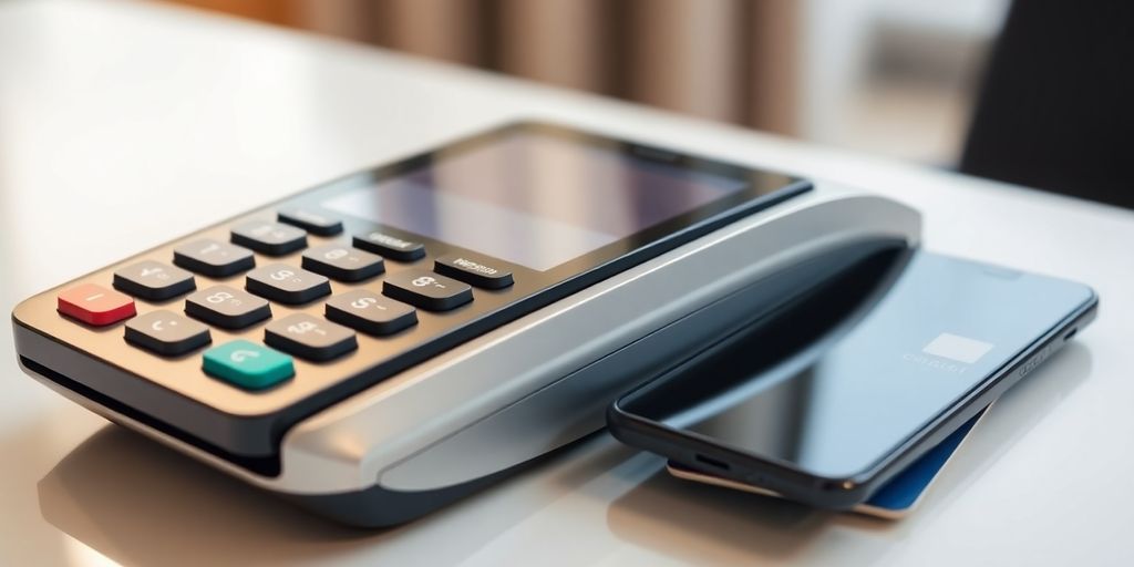 Payment terminal with smartphone and credit card on desk.