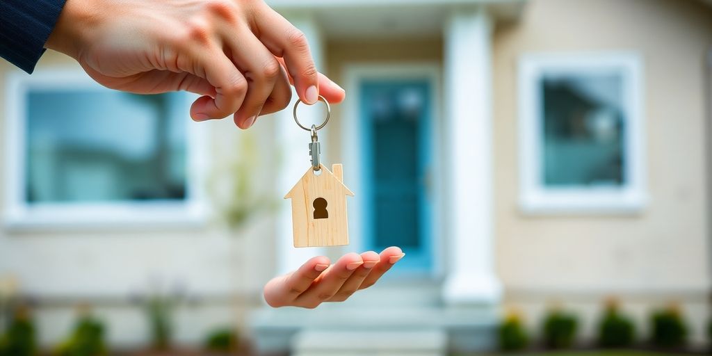 Hands exchanging a key in front of a house.