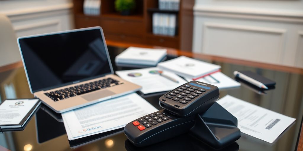 Elegant office desk with laptop and payment device.