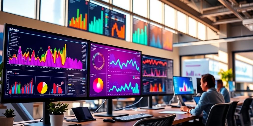 Modern workspace with screens and colorful data visualizations.