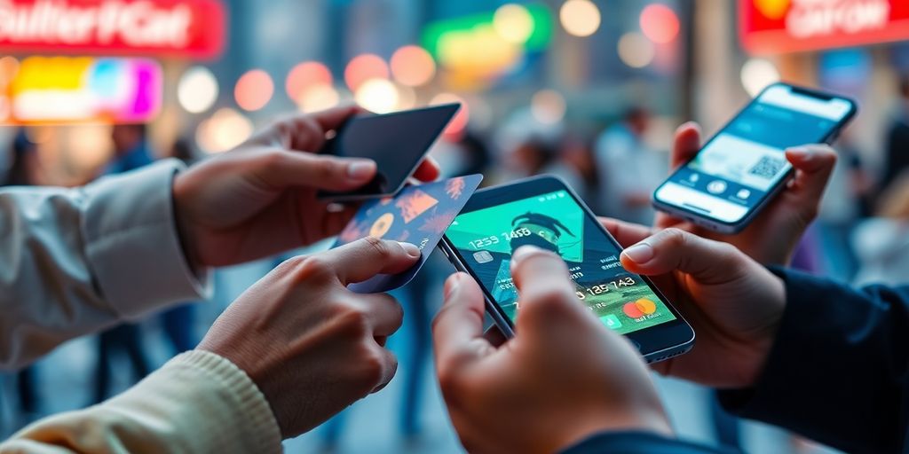 People using various payment methods in a dynamic setting.