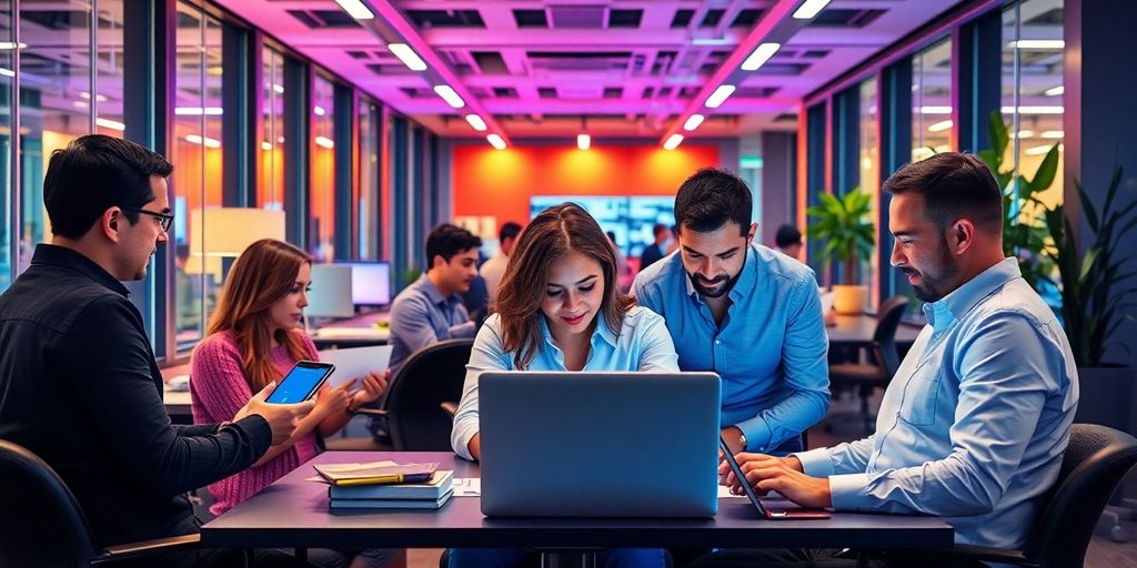 Professionals collaborating in a modern office environment.