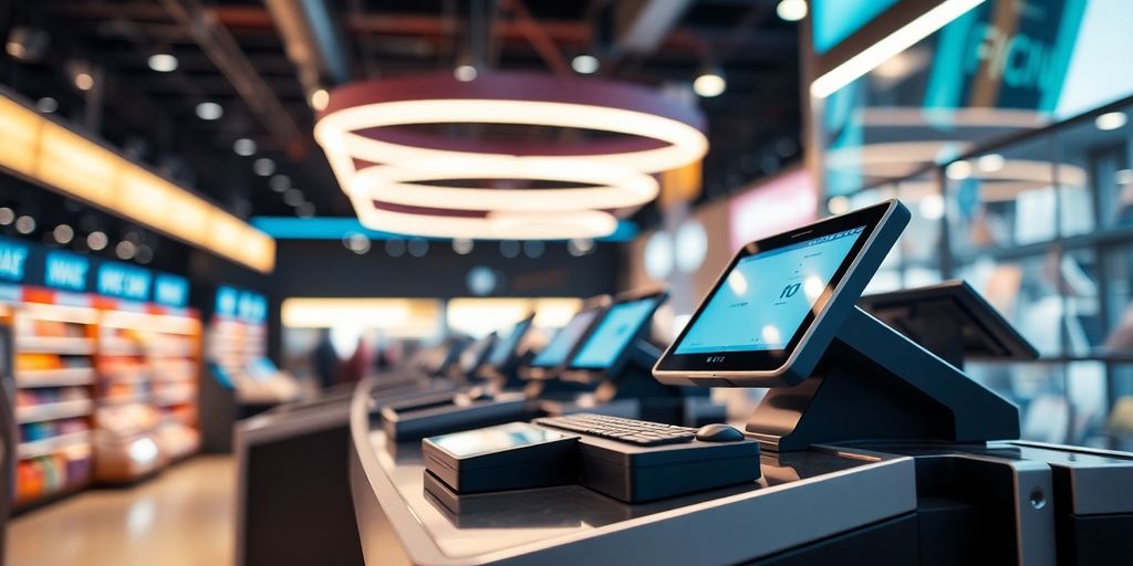 Modern checkout terminal with digital devices in retail.