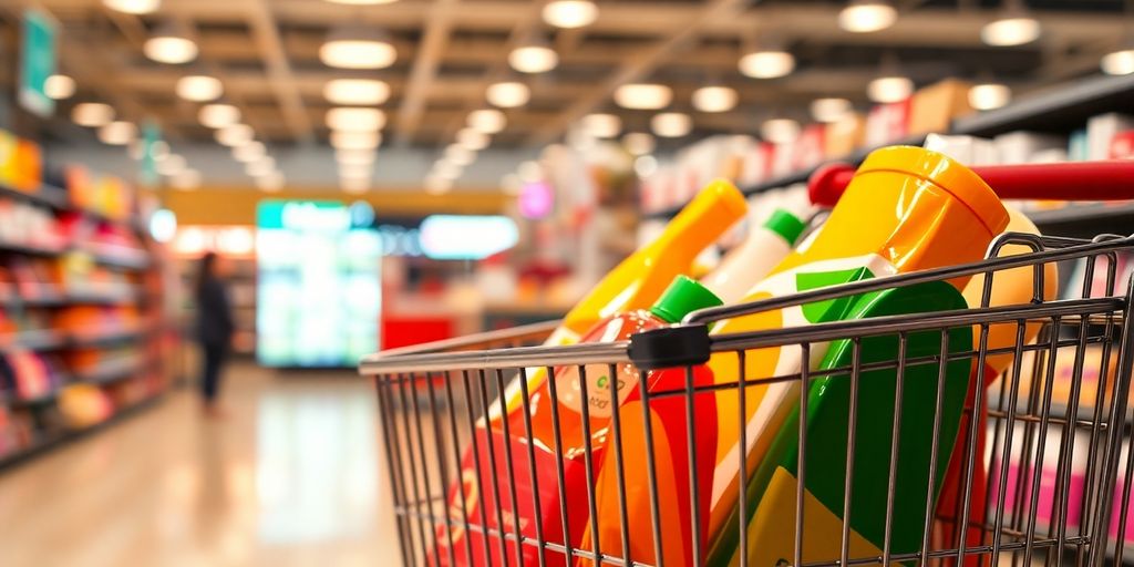 Shopping cart with colorful products at a checkout area.