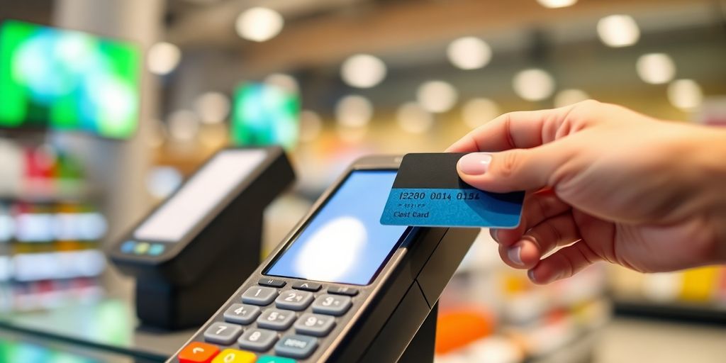 Payment terminal with a hand holding a credit card.