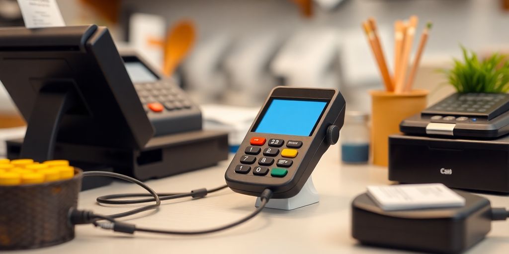 Credit card machine on a business counter setup.