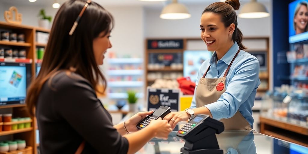 Staff member assisting customer with credit card machine.