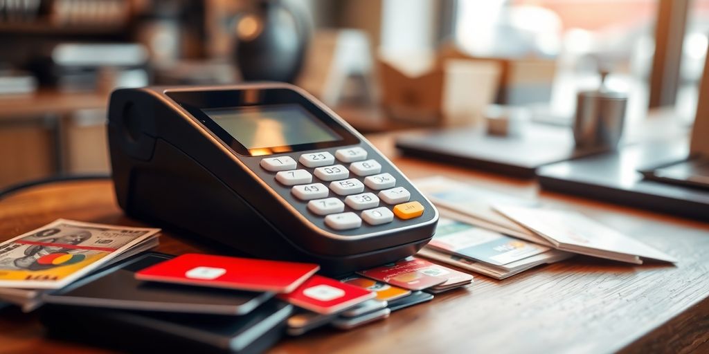 Close-up of a credit card machine on a countertop.