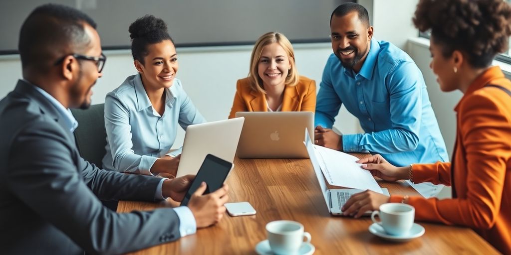 Business people discussing merchant account options at a table.