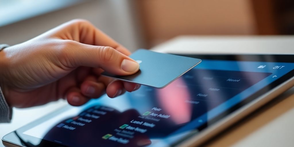 Hand holding a credit card over a tablet.