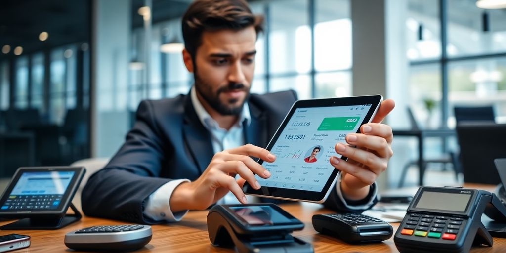 Business professional reviewing payment processing on a tablet.