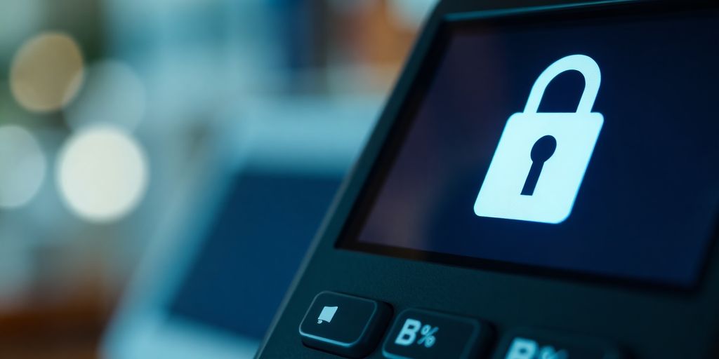 Secure payment terminal with lock symbol for compliance.