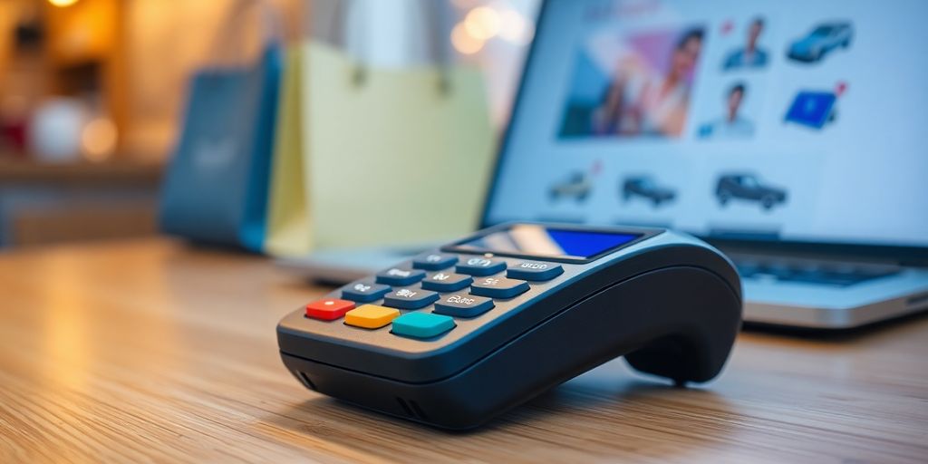 Credit card reader on a countertop with a bag.