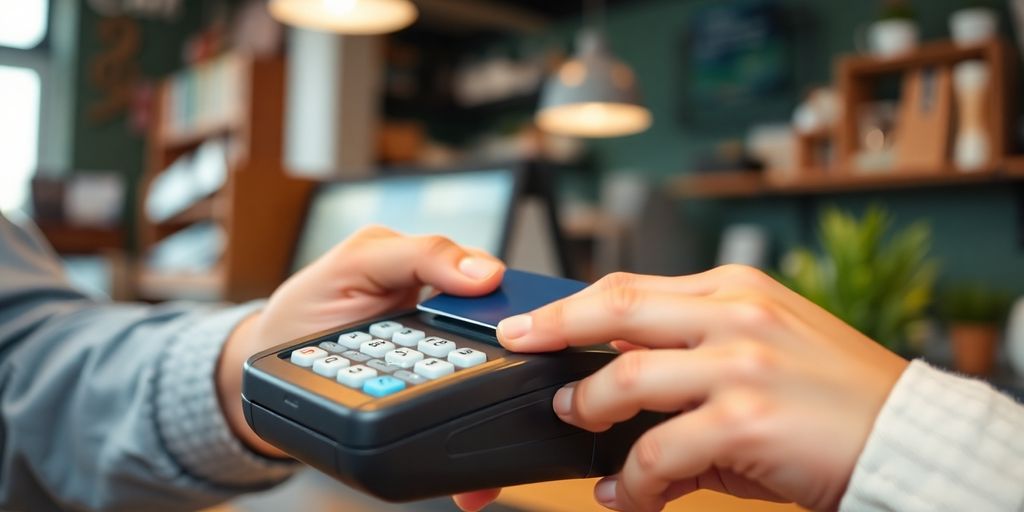 Hands using a credit card machine in a shop.