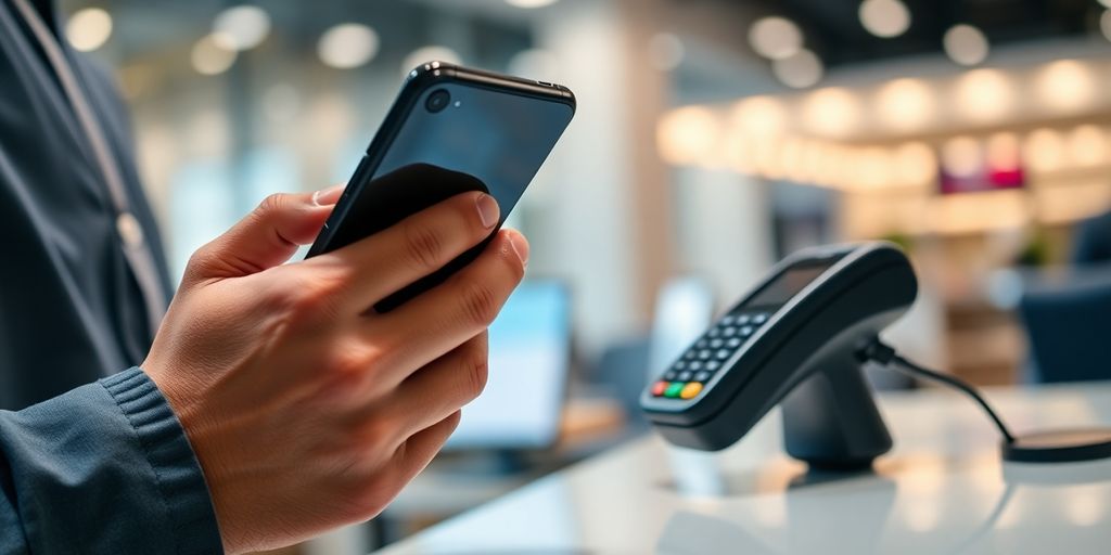 Person using smartphone with payment terminal in a store.