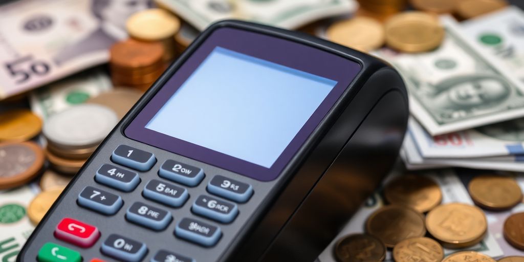Modern payment terminal with currency notes and coins.