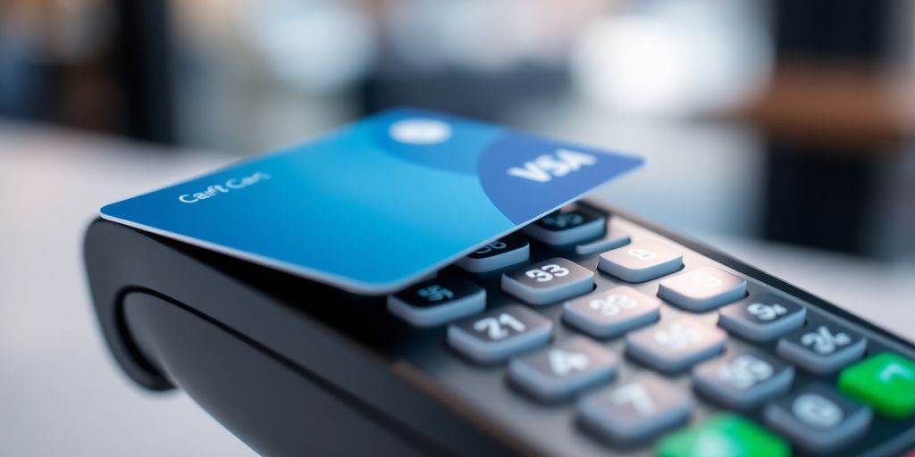 Close-up of a credit card on a payment terminal.