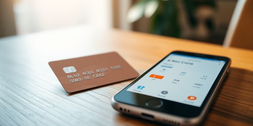 Credit card and smartphone on a wooden table.