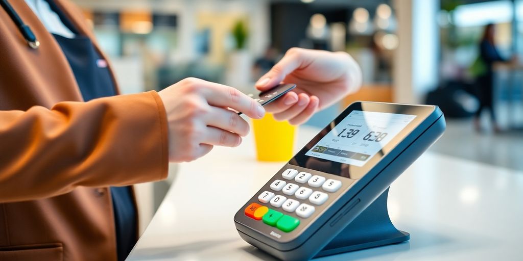 Merchant processing payment on a digital terminal.
