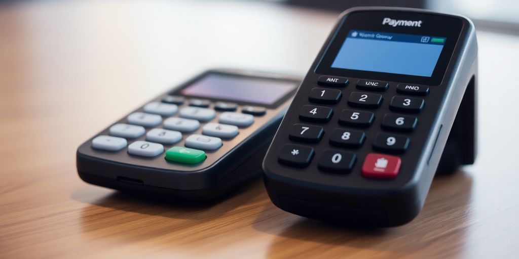 Close-up of payment processing devices on a table.