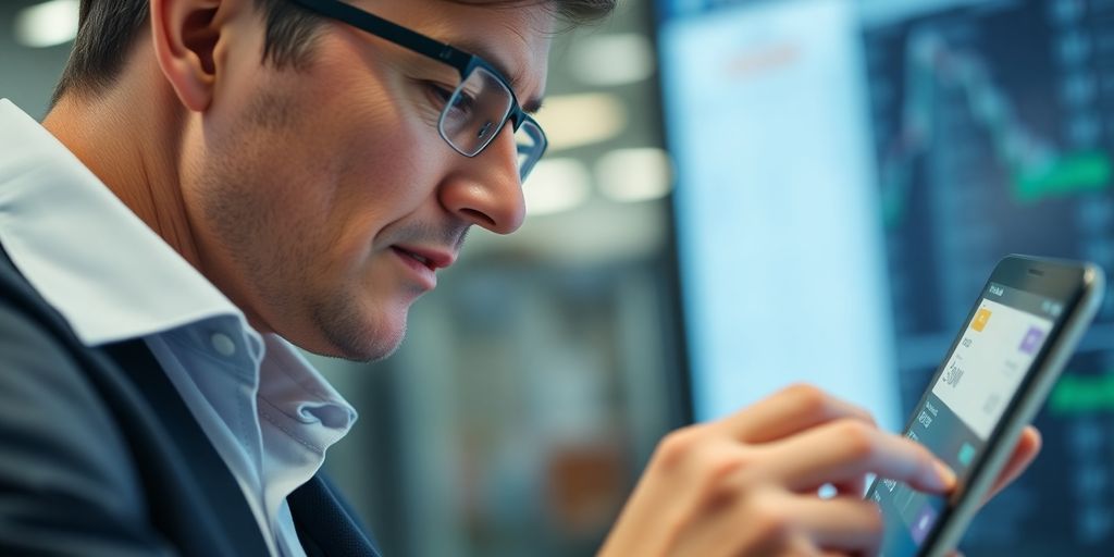 Professional analyzing financial data at a digital payment interface.