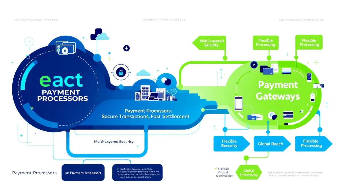 A flowchart depicting the interaction between payment processors and payment gateways.