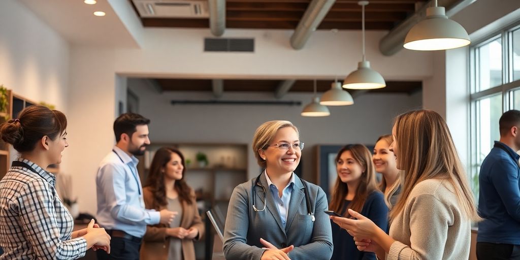 Friendly customer service interaction in a welcoming environment.