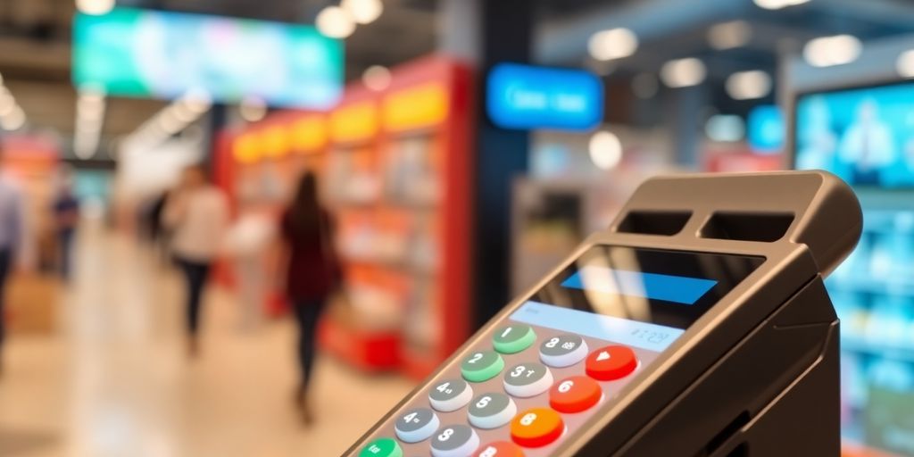 Close-up of a modern payment terminal in use.