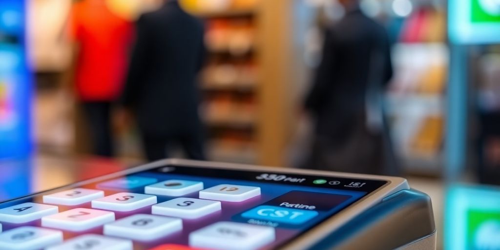 A digital payment terminal with a vibrant touchscreen interface.