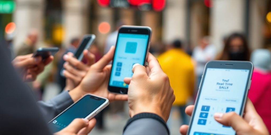 Diverse hands using smartphones for payment transactions.