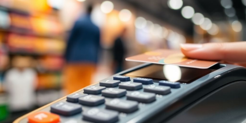 Payment terminal with a credit card in action.