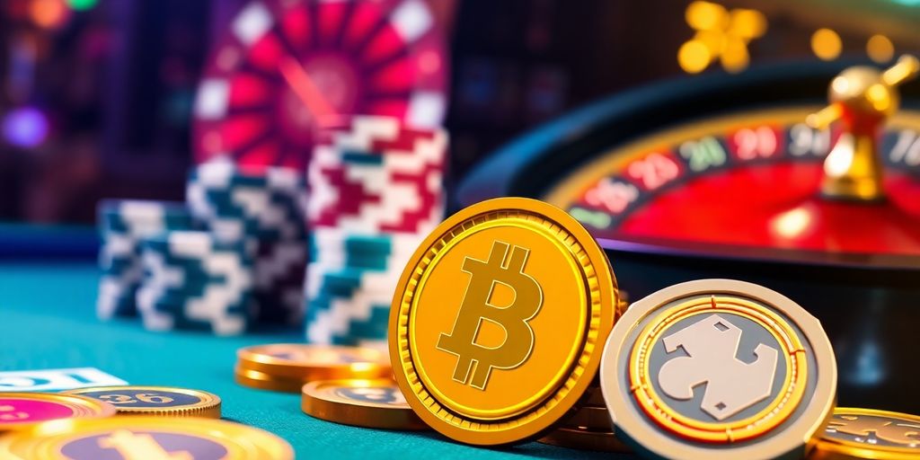 Colorful cryptocurrencies and casino elements in a vibrant setting.