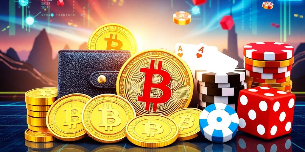 Colorful cryptocurrency coins and online casino elements in focus.
