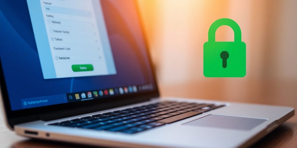 Secure online payment transaction with laptop and lock.