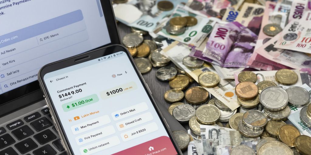 Laptop and smartphone with online payment options and currency.