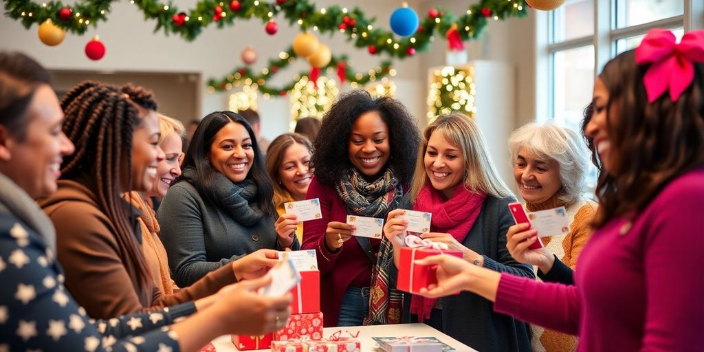 People exchanging gift cards at a lively fundraising event.