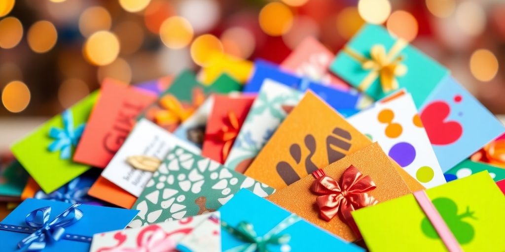 Colorful assortment of gift cards for fundraising.