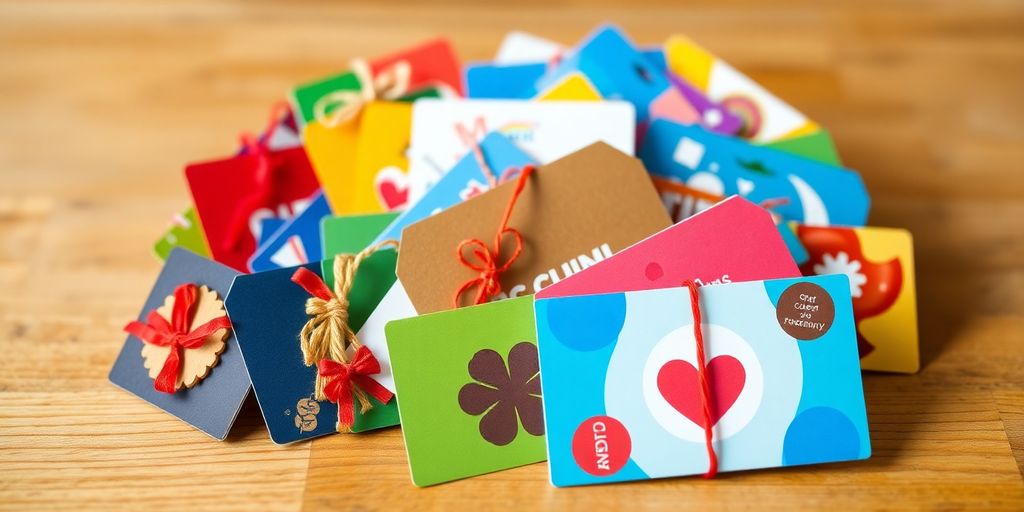 Colorful gift cards on a wooden surface.