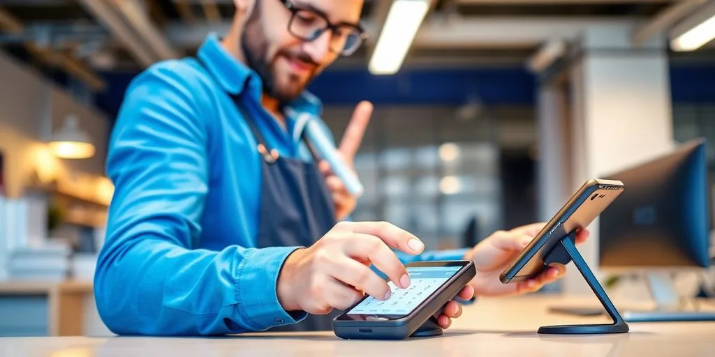 Business owner using a digital payment device in office.