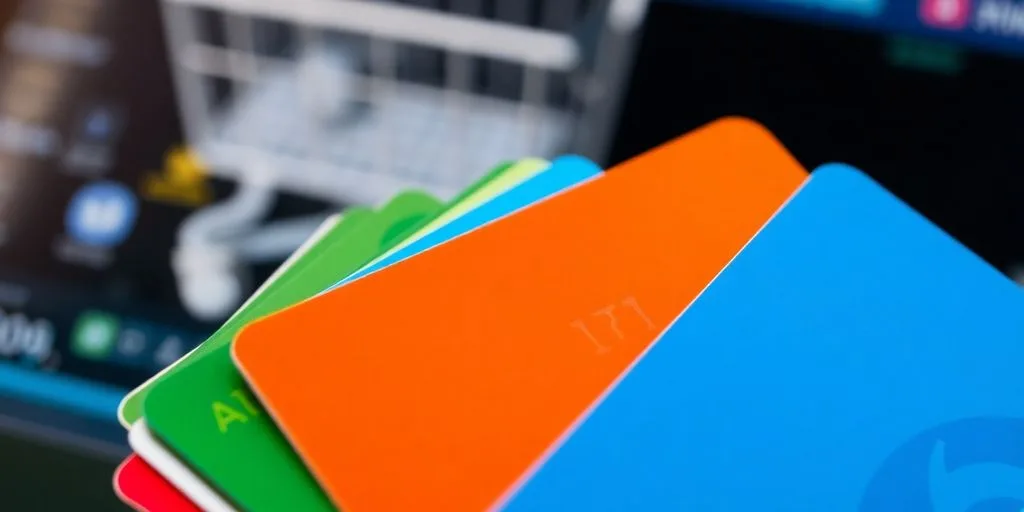 Colorful payment cards on a digital payment background.