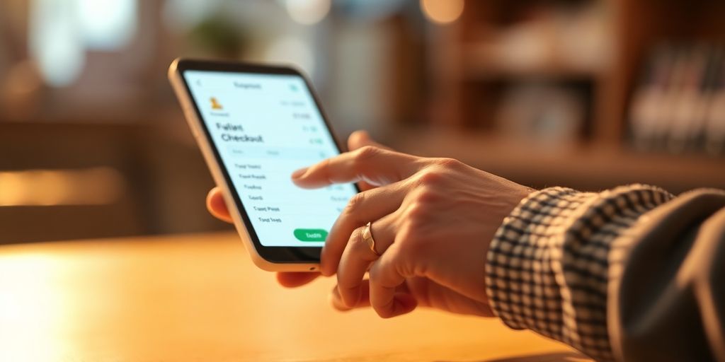Hand using a digital checkout interface on a device.