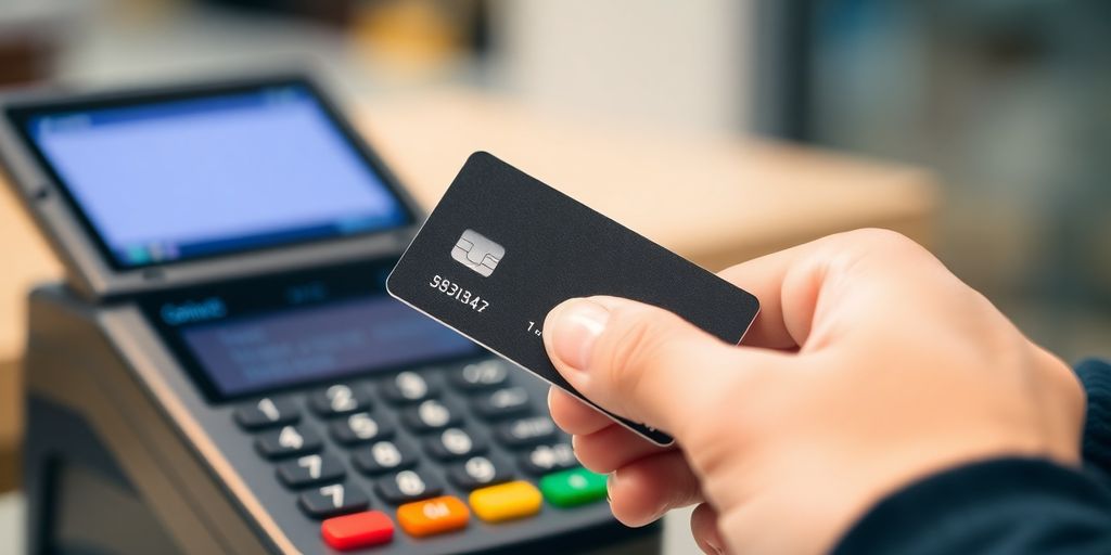 Hand holding a credit card near a payment terminal.