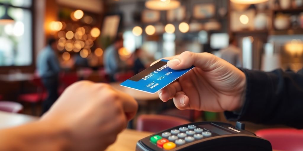 Credit card held above a payment terminal in a café.