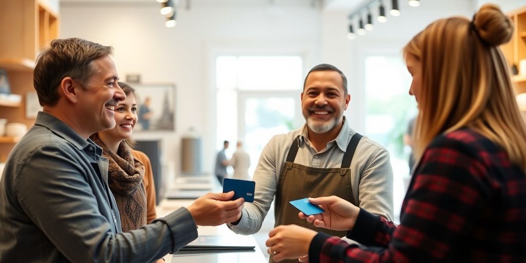 Business owner with customers in a modern retail space.