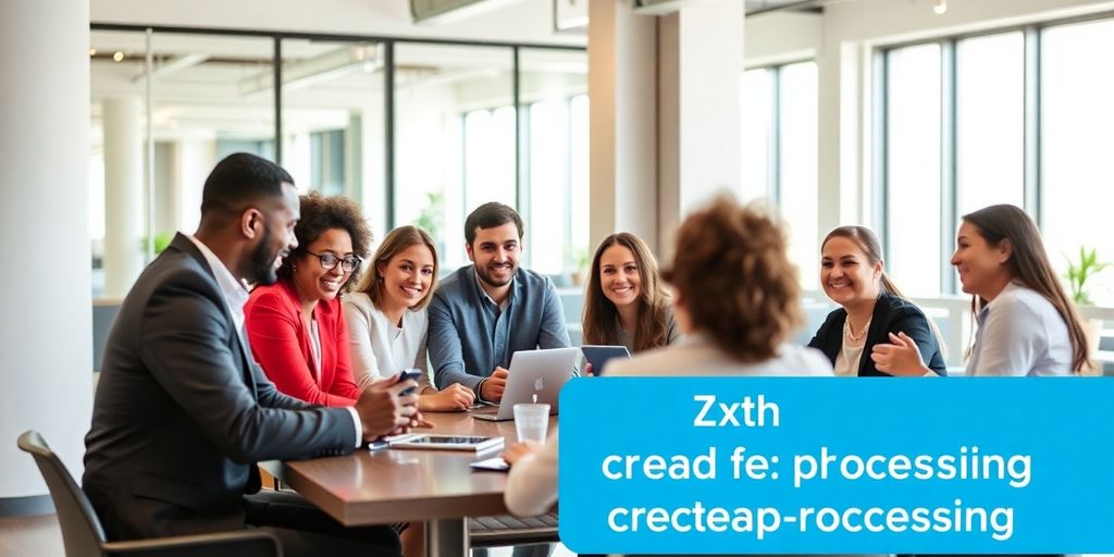 Diverse professionals discussing credit card processing solutions.