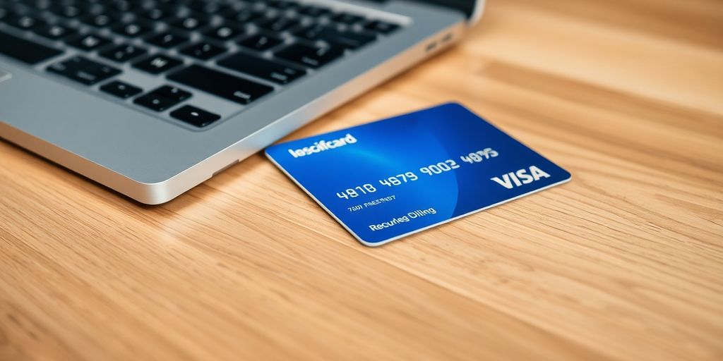 Credit card and laptop on a wooden surface.