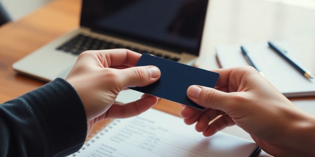 Hand holding credit card above a laptop and notepad.