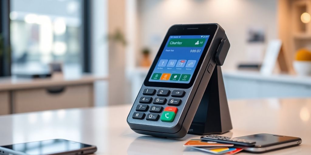 Modern payment terminal with cards and smartphone on table.