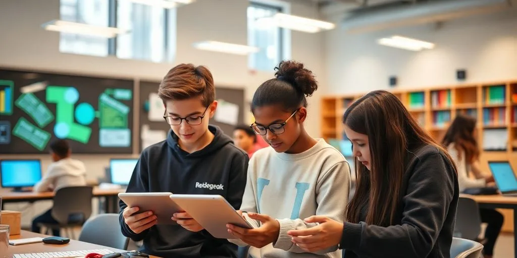 Students engaged with technology in a modern classroom.