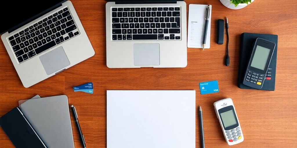 Workspace with laptop and payment tools on a desk.